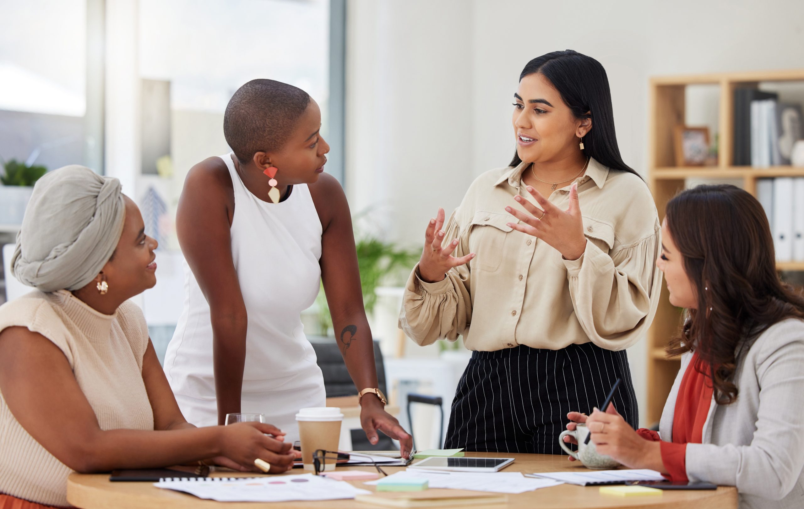 A group of coworkers brainstorming together.